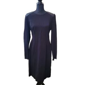 DKNY Size L Black Long Sleeve Sheath Dress‎ Gold Zipper Faux Leather Shoulders
